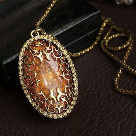 Vintage Styled Amber Hollow Long chain Sweater Pendant Necklace - Picture 2 of 8